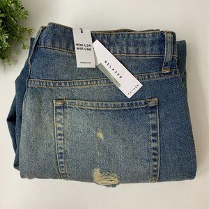 Topman relaxed rip and repair jeans 36W 34L in dark mid wash blue